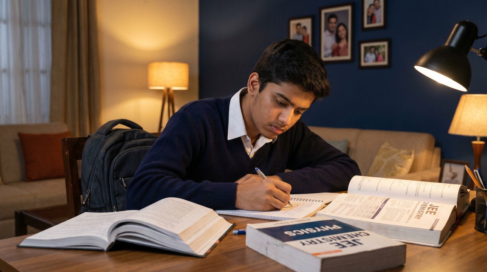 Class 12 student studying at desk after school