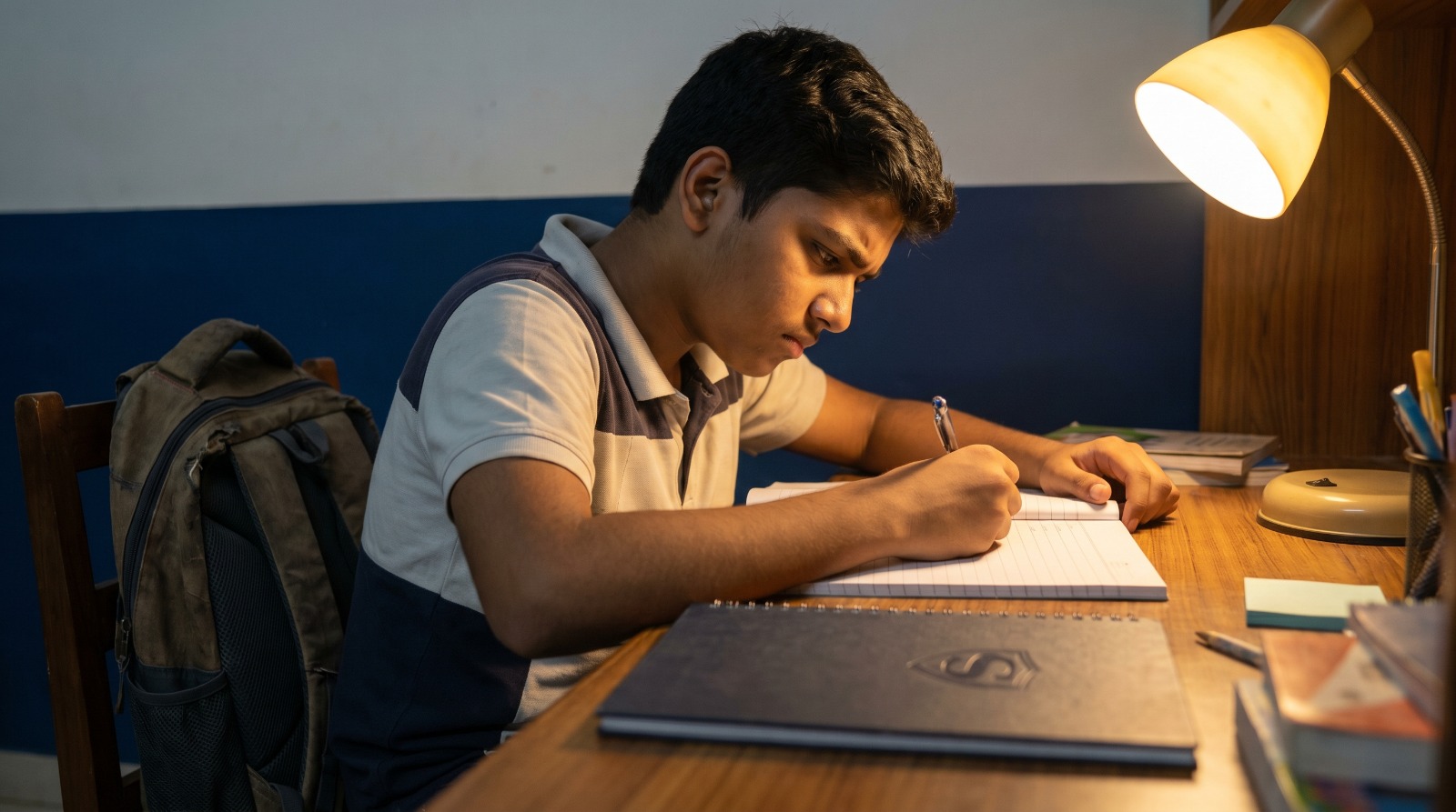 Student stressed at desk with school bag and JEE books