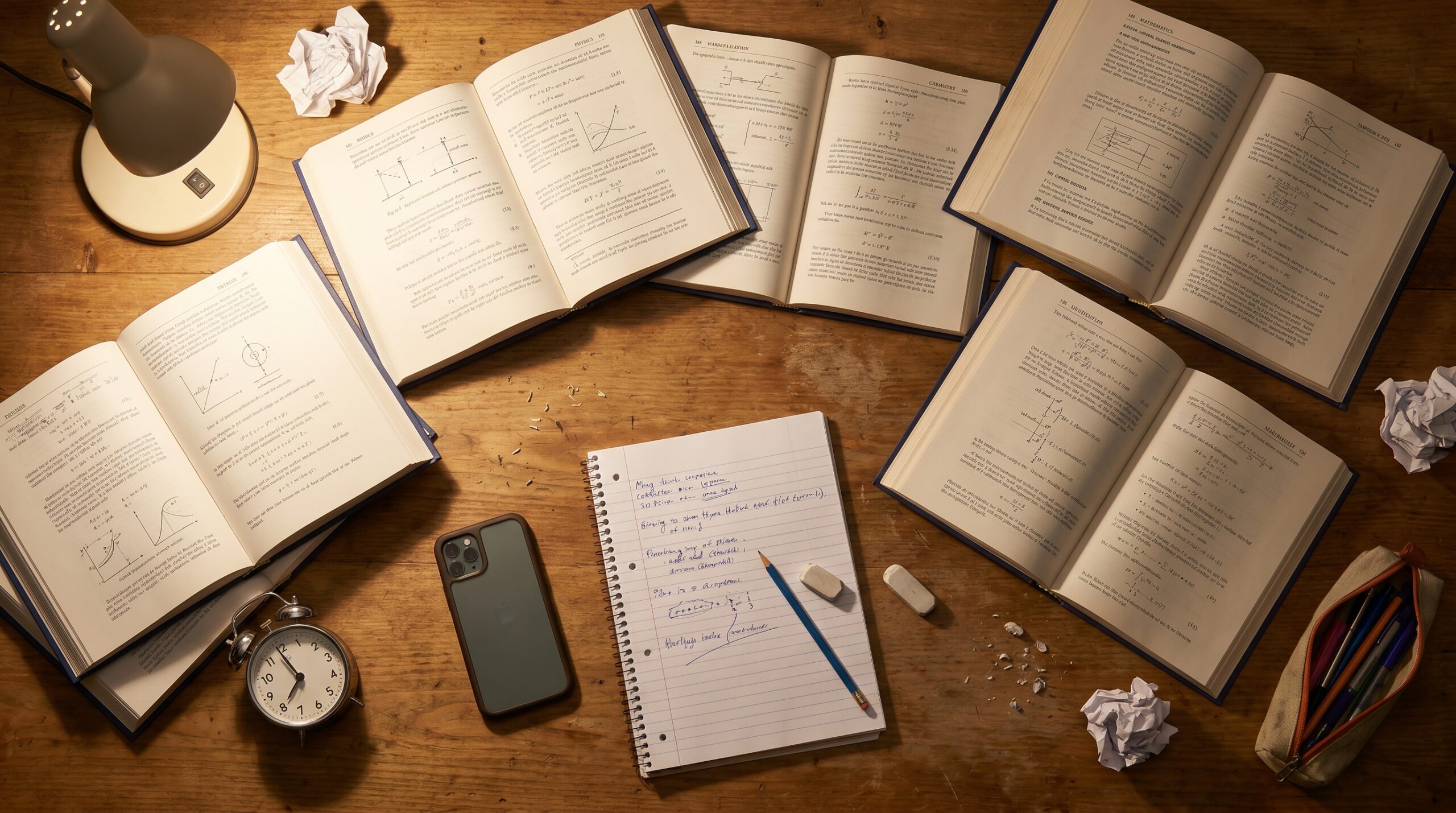 Student's messy study table with books and clock at 10pm